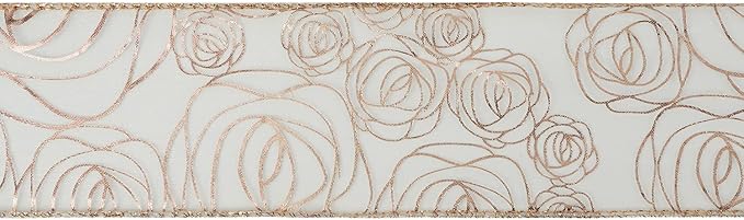 MEEDEE Floral Rose Wired 2.5 Inch Rose Gold Organza Sheer Ribbon, Wedding Bouquet Ribbon, 25 Yards Roll, Pink, For Crafts, Valentine Bow Making, Decor