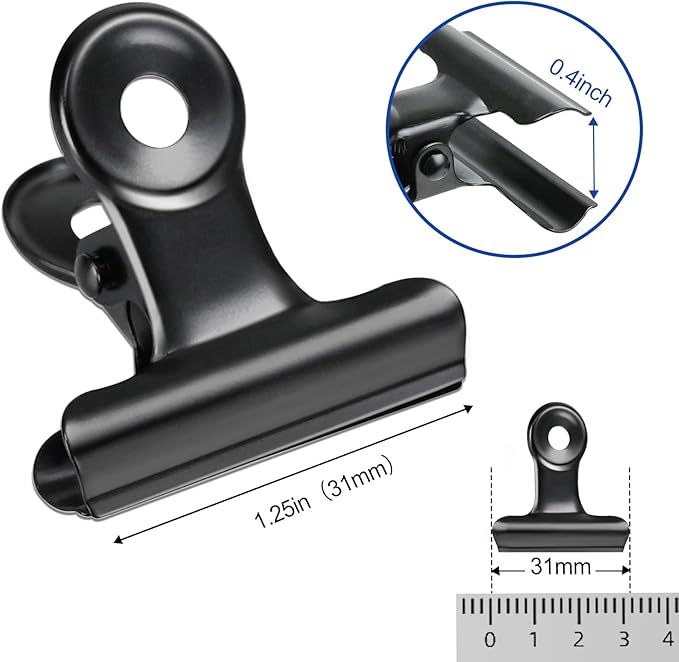 30 Pack Bulldog Clips 1.25 Inches Small Hinge Paper Clips Metal Hinge Clips for Crafts, Food Bags, Drawings, Photos at Home Kitchen & Office Usage, Black, 31mm