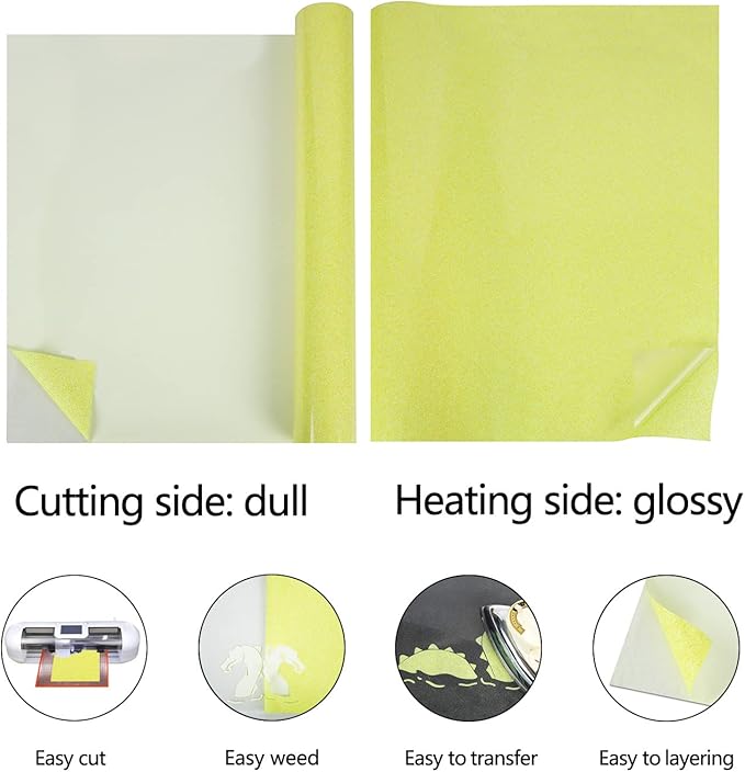 guangyintong Glow Glitter Light Yellow Heat Transfer Vinyl HTV Rolls, 12" x 8ft Iron on Vinyl for T-Shirts, Glitter HTV Vinyl for All Cutter Machines Easy to Cut & Weed for DIY Design