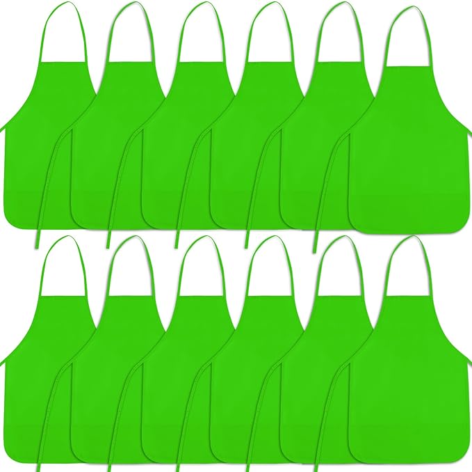 12 Pieces Green Kids Painting Aprons With 2 Roomy Pockets for Art, Activity, Kitchen, and Crafts