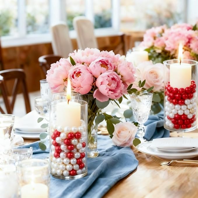Pearl Beads No Hole Pearls for Crafting 180 Pcs Fake Pearls Faux Pearls for DIY Crafts Jewelry Making Vase Filler Floating Candle Wedding Birthday Party Home Decorations (Red & Ivory, 8/10/14/20mm)