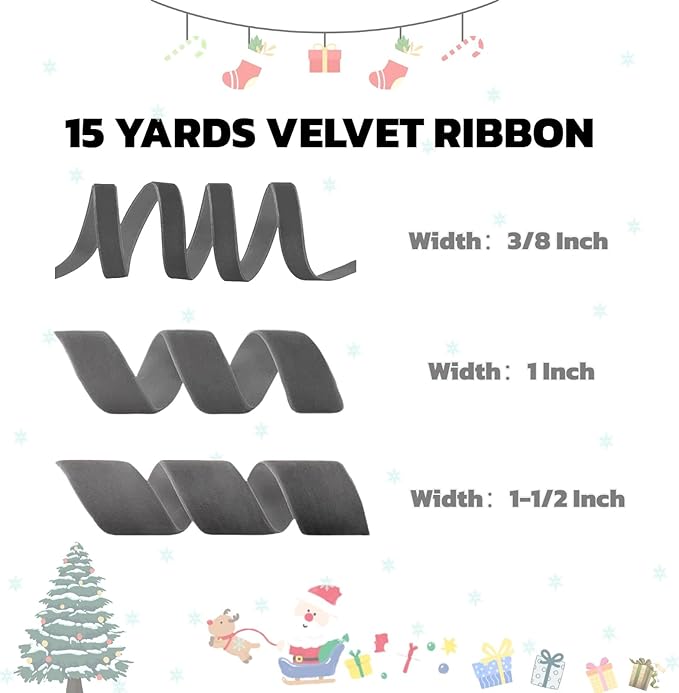15 Yards Velvet Ribbon 1-1/2 Inch Single Face Grey Velvet Ribbon Spool Prefect for Wedding, Ribbons for Gift Wrapping, Christmas Tree Ornaments Wreath Hair Bows, Ribbons for Crafts