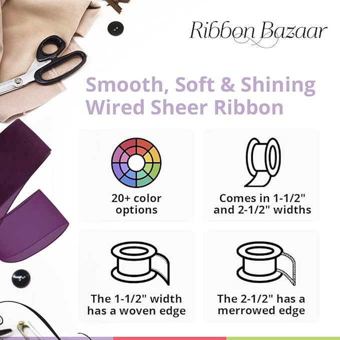 Ribbon Bazaar Sheer Organza Wired Ribbon - 100% Polyester Wire Edged Ribbon for Floral Decor, Table Arrangements, Apparel Embellishment & More - 1-1/2" Red 25yd