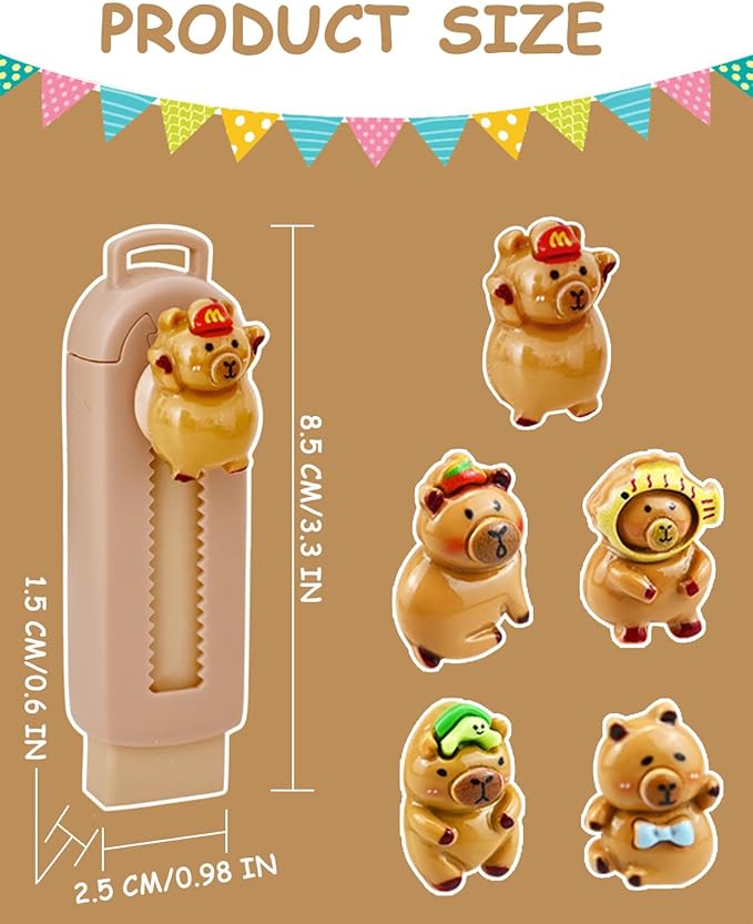 5 Pack Capybara Retractable Erasers, Cute Pencil Erasers for Kids, Students, Capybara Lovers, Large Push-Pull Rubber Eraser Set, School Office Home Stationery Supplies, Brown Colors