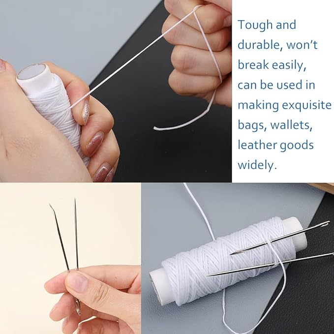 Ftyiwu Waxed Thread, Upholstery Needle and Thread 32 Yards with 7PCS Hand Sewing Needles for Home Upholstery Carpet Canvas Repair Leather Sewing (White)