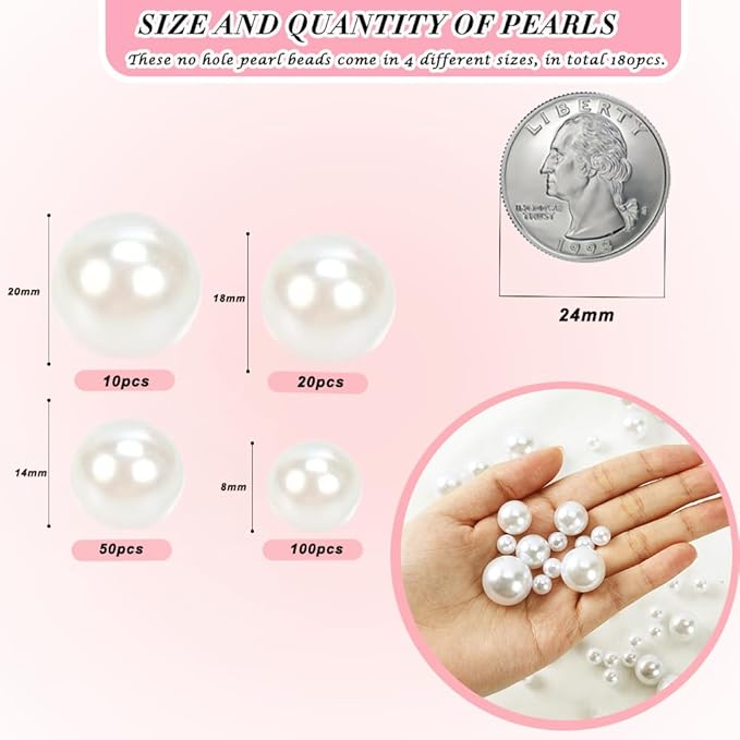 Pearl Beads No Hole Pearls for Crafting 180 Pcs Fake Pearls Bulk Faux Pearls for DIY Crafts Jewelry Making Vase Filler Floating Candle Wedding Birthday Party Home Decorations (Ivory, 8/10/14/20mm)