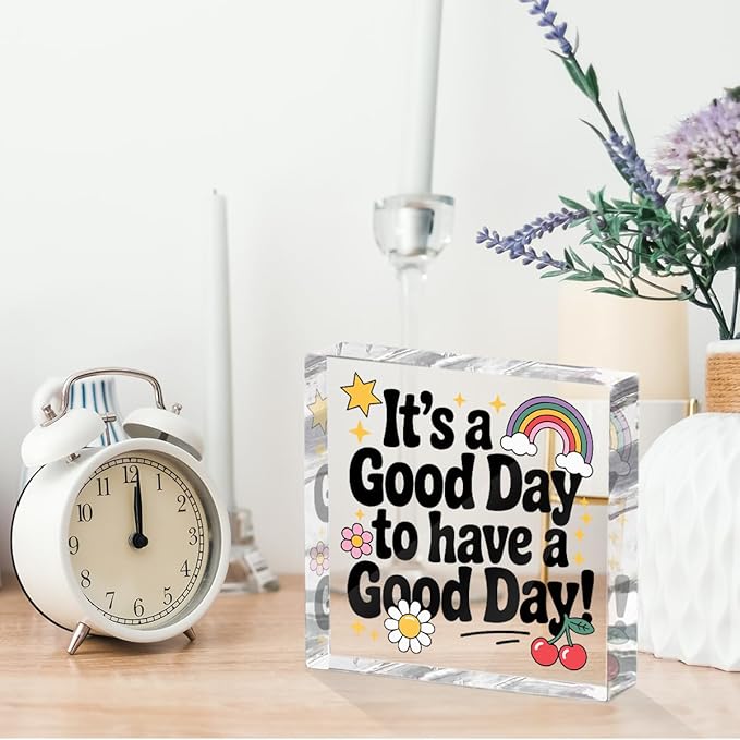 Positive Desk Decor Acrylic Sign 4X4 Inch, Rainbow Cherry Flower Desk Decorative Signs for Shelf Tabletop Cubicle Room Office, Inspirational Gifts for Women Men Friends, Have a Good Day