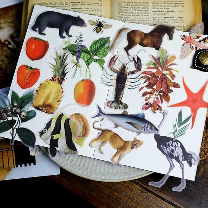 Vintage Vellum Stickers Floral Plants Elements Scrapbooking Supplies Flowers Botanic Natural Translucent Paper Self-Adhesive Junk-Journal Items (Animal World)