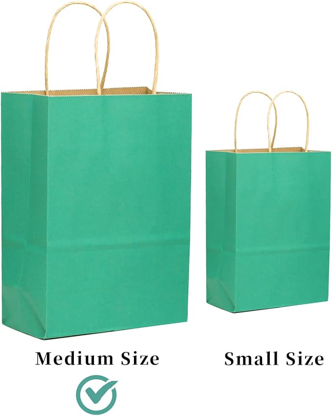 qiqee 60 pcs Kraft Bags with Handles 7.6"x4.75"x10.5" Medium Gift Paper Bag Mint Green Solid Color Bags
