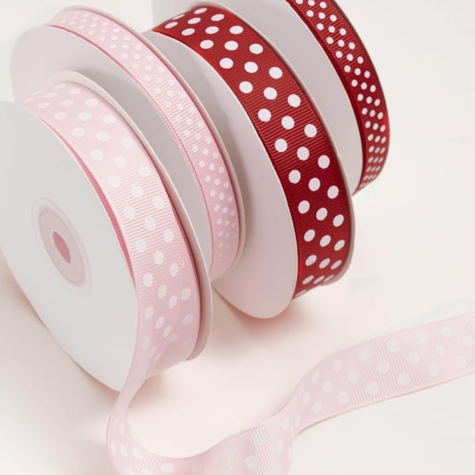 Polka Dot Grosgrain Ribbon 5/8 Inch, 25 Yards Spool Red and White Dot Craft Ribbon for Christmas Gift Wrapping DIY Crafts Hair Bows Sewing Wedding Party Decor and Home Decoration