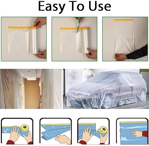 uyoyous 6 Rolls 9x67 ft Painters Plastic with Tape, Pre-Taped Masking Film, Tape and Drape, Paint Adhesive Protective Film Roll for Automotive Painting Covering, Cars, Auto Body, DIY Projects