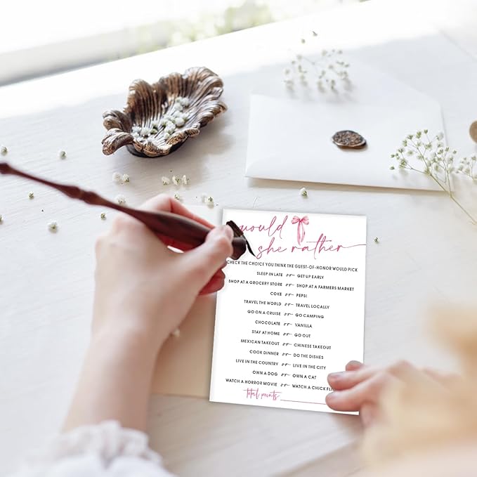 Wedding Shower Games Cards, Would She Rather Bridal Shower Game for 25 Guests, Engagement Party Wedding Games for Guests, Pink Ribbon Bow Wedding Party Supplies - E11