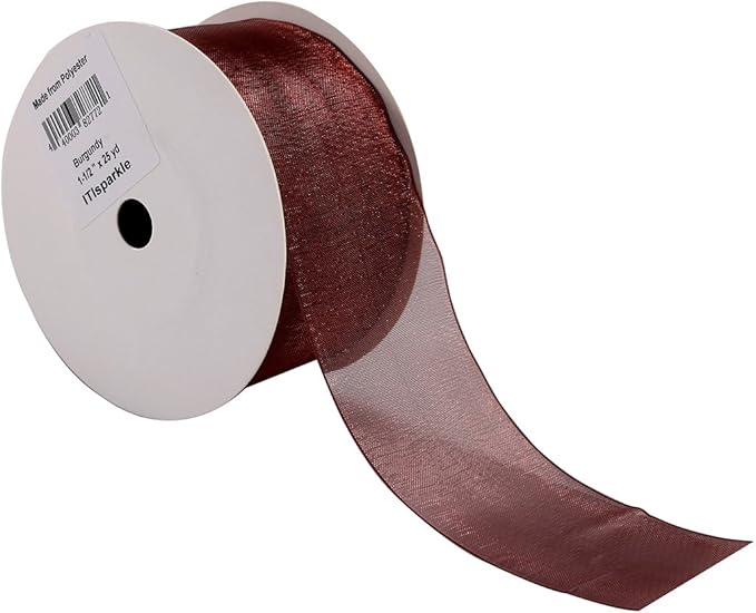 ITIsparkle 11/2" Inch Organza Ribbon 25 Yards-Roll Set for Gift Wrapping Cake Decoration Party Favor Hair Bow Baby Shower Decoration Floral Arrangement Craft Supplies Sheer Ribbon, Burgundy