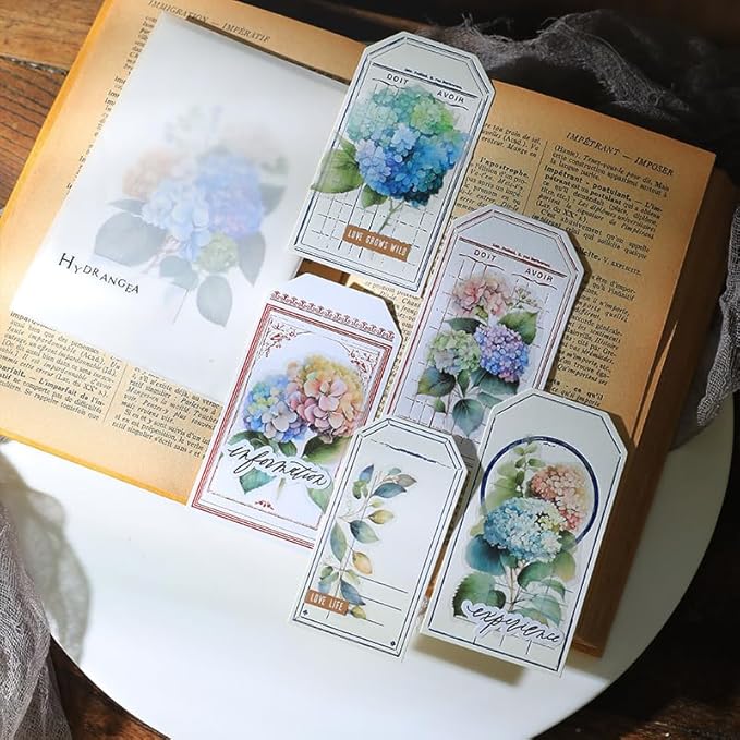 Vintage Vellum Stickers Floral Plants Elements Scrapbooking Supplies Flowers Botanic Natural Translucent Paper Self-Adhesive Junk-Journal Items (Hydrangea Macrophylla)