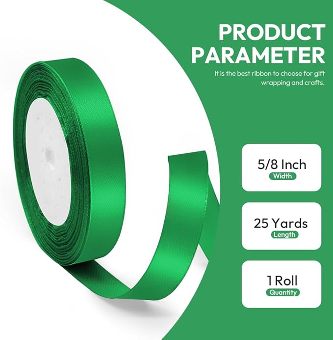 5/8" x 25 Yards Satin Ribbon, Green Silk Ribbon Ideal for Gift Wrapping, Floral Bouquets, Crafts, Wedding Party Decorations, Christmas and Sewing Projects