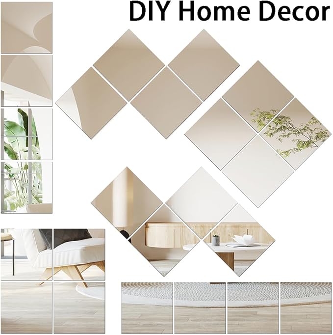 Vlush Adhesive Wall Mirror Tiles 13'' x 13'' x 4PCS Full Body & Full Length Mirrors Wall Mounted Mirrors Decorative for Home Gym, Door, Bedroom & Bathroom