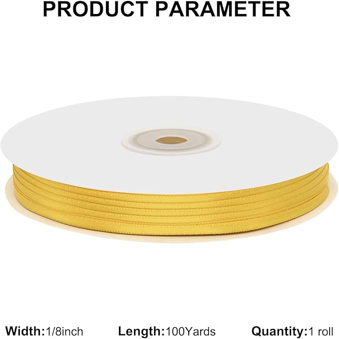 1/8" X 100 Yards Maize Yellow Satin Thin Ribbon Solid Color Double Faced Ribbons Perfect for Crafts Wedding Decor Bow Making Arts Sewing and More