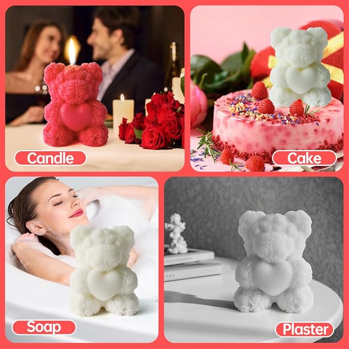 Rose Bear Silicone Mold for Candle Making,3D Candle Mold Silicone,Resin Molds for DIY Decor,DIY Soap,DIY Candle,Mother's Day Gift,Birthday Gifts(Large Rose Heart Bear)