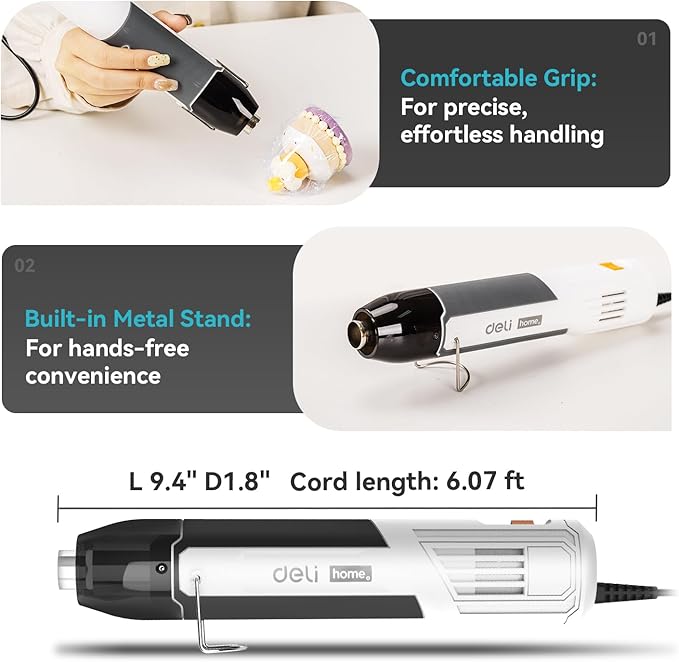 DELI Mini Heat Gun, 350W Dual Temp 500℉/842℉ (260℃/450℃) with Reflector & Extra Nozzles, 6 FT Cable, Overload Protection – for Crafting, Vinyl Wrap, Epoxy, Resin, Shrink Tubing