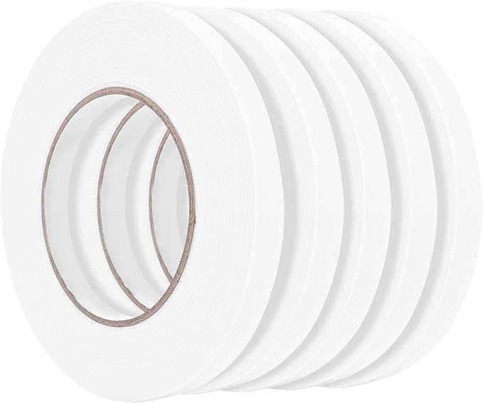 Double Sided Foam Tape 0.39In x 16.5FT 5 Pack, Mounting Tape Heavy Duty, Strong Adhesive Weatherproof Seal Strips for DIY Craft Picture Poster, Car & Gap Filling Mountings, Home Office Decor (White)