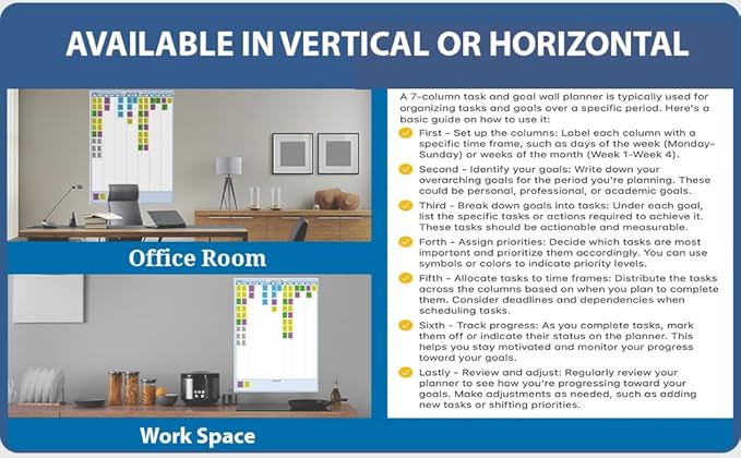 PlanetSafe Planners & Calendars Sky Blue 7-Column Task, Goals & Objective Wall Vertical Organizer 36" x 24" Complete with Marker