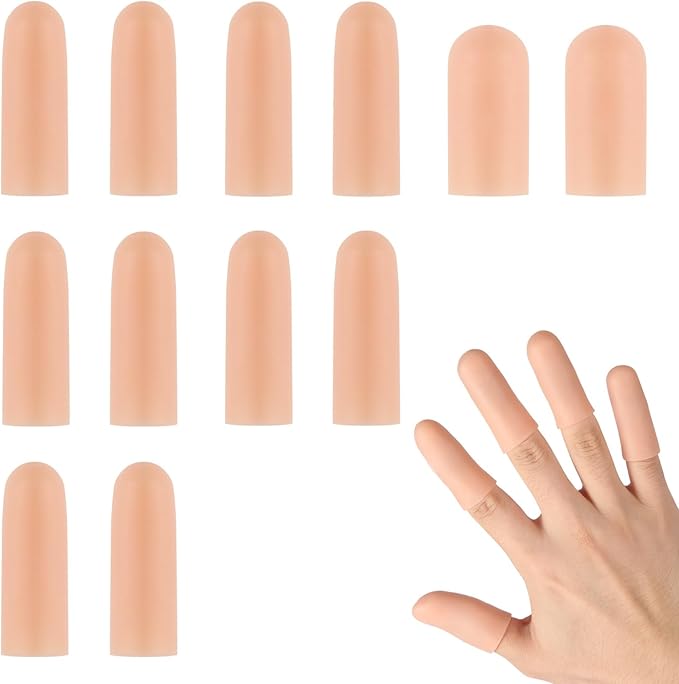 12PCS Gel Finger Cots Silicone Finger Protectors for Trigger Finger Relief Fingertip Covers for Cracked Skin Blisters Calluses Nude Medium Finger Sleeves with Long & Short Sizes