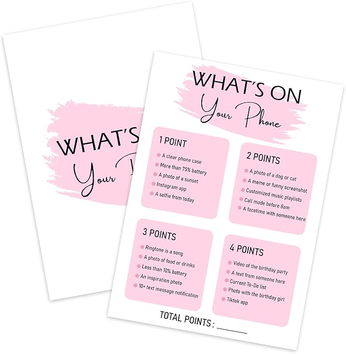 Birthday Party Game - What's On Your Phone,Birthday Party Activity Favor, Set of 20 Games Cards, Birthday Supplies, Activity, Decorations -B02