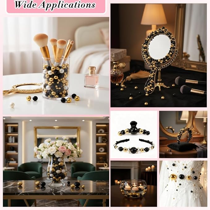 Pearl Beads No Hole Pearls for Crafting 180 Pcs Fake Pearls Faux Pearls for DIY Crafts Jewelry Making Vase Filler Floating Candle Wedding Birthday Party Home Decorations (Black & Gold, 8/10/14/20mm)