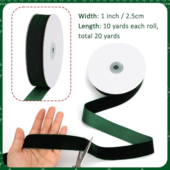 Dark Green Velvet Ribbon, 1 Inch x 20 Yards Single Faced Green Ribbon for Gift Wrapping, Bow Making, Christmas Tree Decorations, Wreath Making and DIY Crafts (10 Yards Each Roll)