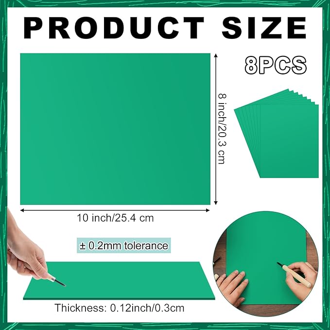 Yeaqee 8 Pcs Linoleum Block Rubber Carving Block Soft Linocut Blocks Large Linoleum Sheet Unmounted Lino Plates for Engraving Art Project Printmaking Artist Studio Supplies (8 x 10 Inch,Green)