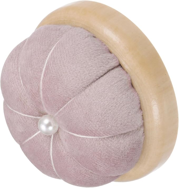 HARFINGTON Wooden Base Pin Cushion Japanese Style Cute Needle Holder Pincushions Round for Sewing Quilting Needlework DIY Crafts, Pink