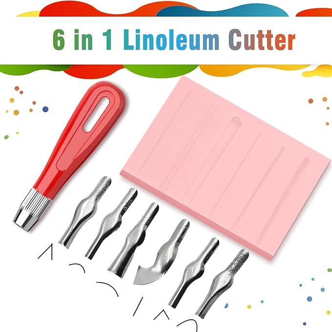WAYCOM 5-Pack Linoleum Blocks for Printmaking with Cutter Tools, Rubber Block Stamp Carving Blocks Stamp Making Kit Craft Ink Pad Hobby Knife for DIY Printmaking,Printing and More
