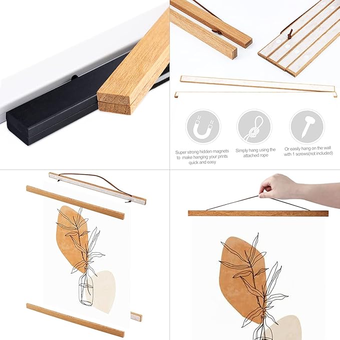 Ywlake Magnetic Poster Hanger, 10x10 10x32 10x20 Poster Frame Wood Wooden Magnet Print Posters Dowel Scroll Hanger Hangers Hanging Kit for Walls Map Canvas Artwork (Teak Wood, 10")