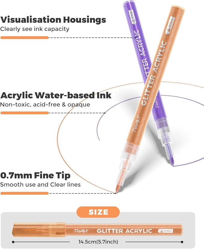 16 Colors Acrylic Glitter Markers Pen, Glitter Paint Pens, 0.7mm Fine Point Tip Metallic Shimmer Marker, Kids Adults DIY Crafts Making, Greeting Birthday Cards Present, Drawing, Scrapbooking Supplies