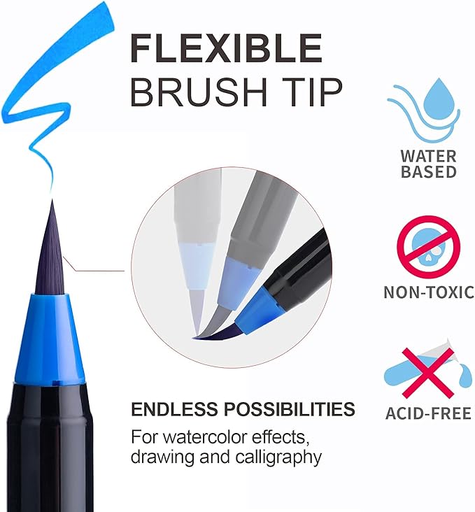 ParKoo Watercolor Brush Pens, 24 Colors Flexible Real Nylon Brush Tip Pens for Watercolor Painting, 1 Blending Brush, Paint Markers for Artists and Beginner Painters Coloring Books, Calligraphy