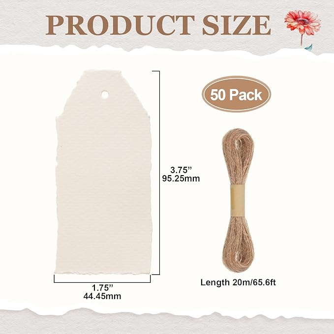 50 Pack Handmade Vintage Deckle Edge Tags with String 3.75 x 1.75 Thick 160 GSM Cotton Gift Tags with String Attached for Name Cards Place Cards Arts Crafts Gift(Vintage Beige)