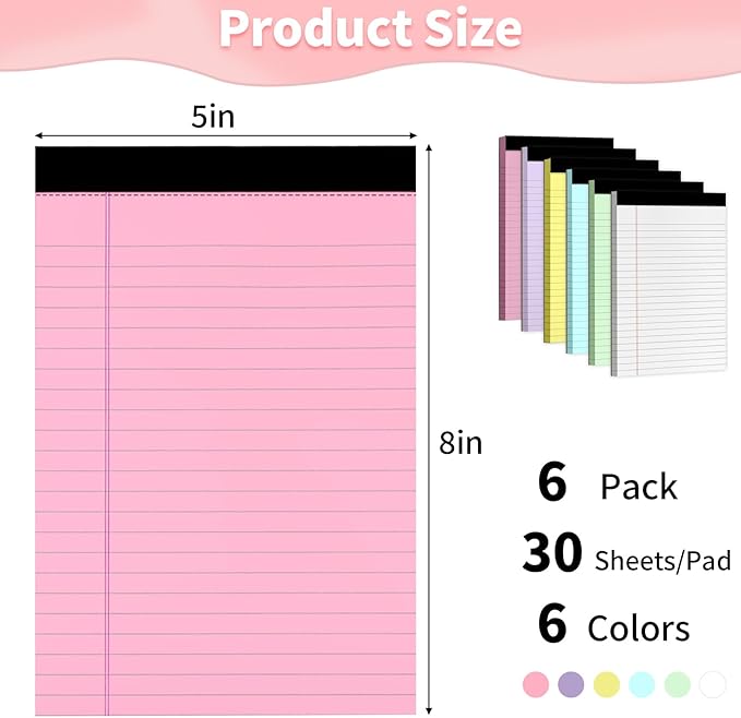 Legal Pads 5" X 8", 6 Pack Colored Note Pads, College Ruled Yellow Lined Paper Pads, Letter & Legal Ruled Pads, 30 Sheets per Small Writing Pads 5x8 for School, Home, Office, Business