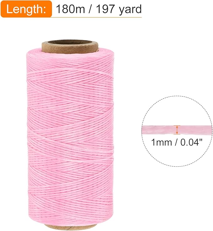 MECCANIXITY Waxed Thread,197 Yard 1mm 210D Flat Wax Thread Polyester Waxed String for Leather Sewing Hand Weaving Book Binding Home Decoration,Pink