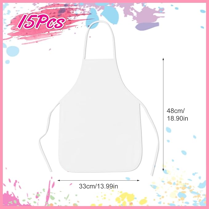 PLULON 15 Pcs Kids Apron Painting Aprons, Kids Aprons for Painting White Art Apron Smocks Bulk for Art Activity Craft Home Kitchen Classroom Party Supplies