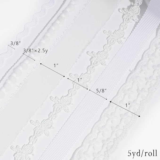 LaRibbons White Ribbons for Crafts 6 Rolls 27.5 Yards TTL Thin Ribbon for Sewing Wedding Gift Wrapping Home Decor