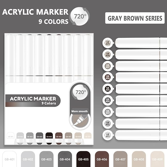 Water Based Acrylic Paint Markers, 9 Colors Acrylic Paint Pens Set with Soft Brush Tip, Marker Pen for Rock Painting, Egg, Wood, Glass, Paper, Mugs, Acrylic Painter Ink (Gray Brown Series)