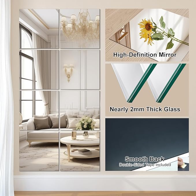 Vlush Home Gyme Mirrors 13'' x 13'' x 10PCS Adhesive Full Body Mirror Full Length Mirror Wall Mounted Mirrors Decorative for Home Gym, Door, Bedroom & Bathroom