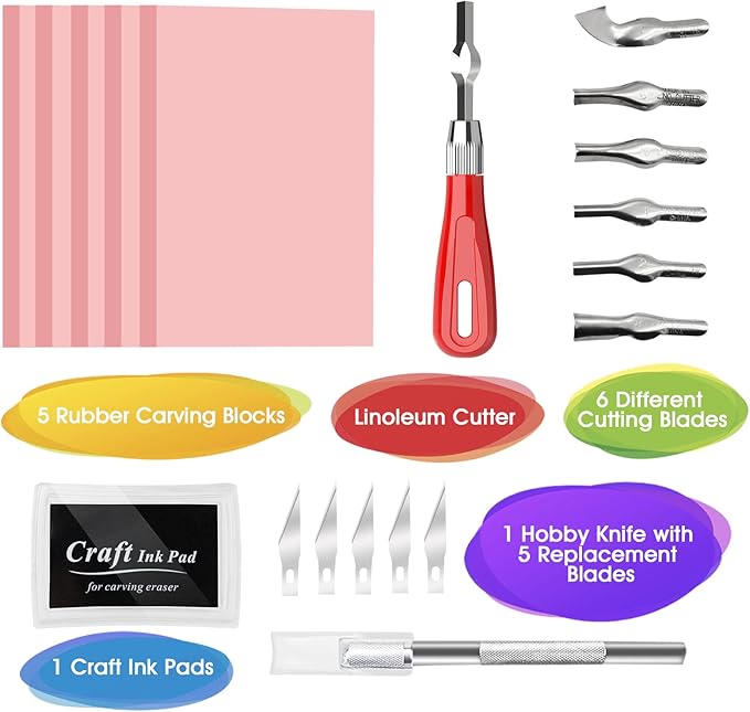 WAYCOM 5-Pack Linoleum Blocks for Printmaking with Cutter Tools, Rubber Block Stamp Carving Blocks Stamp Making Kit Craft Ink Pad Hobby Knife for DIY Printmaking,Printing and More