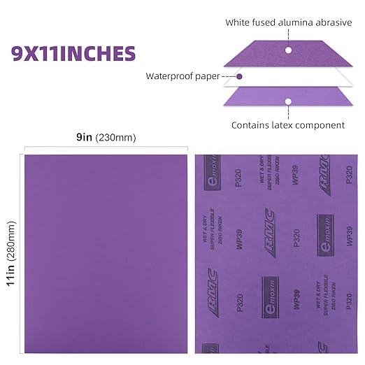 Sandpaper 320 Grit 20 PCS, Wet Dry Sanding Sheets 9 x 11 Inch, Purple Alumina Abrasive Sand Paper for Wood, Metal, Drywall, Resin, Automotive Sanding, Polishing, Grinding, by POLIWELL