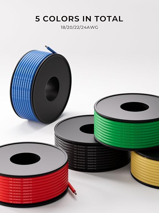 18 AWG Silicone Wire Kit 50FT, 18 Gauge Stranded Tinned Copper Wire Spool, 5 Colors 10FT Each,Flexible Electrical Wire for DIY, Automotive, LED, Arduino, Battery Projects