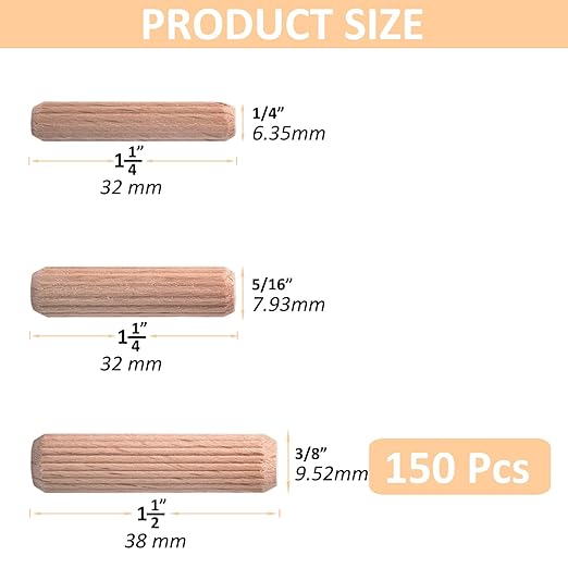 3/8-Inch Wooden Dowel Pins - 150 Pcs 3/8 x 1-1/2 inch Fluted Wood Dowels Rods,Hardwood Crafts Dowel Pegs,Beechwood