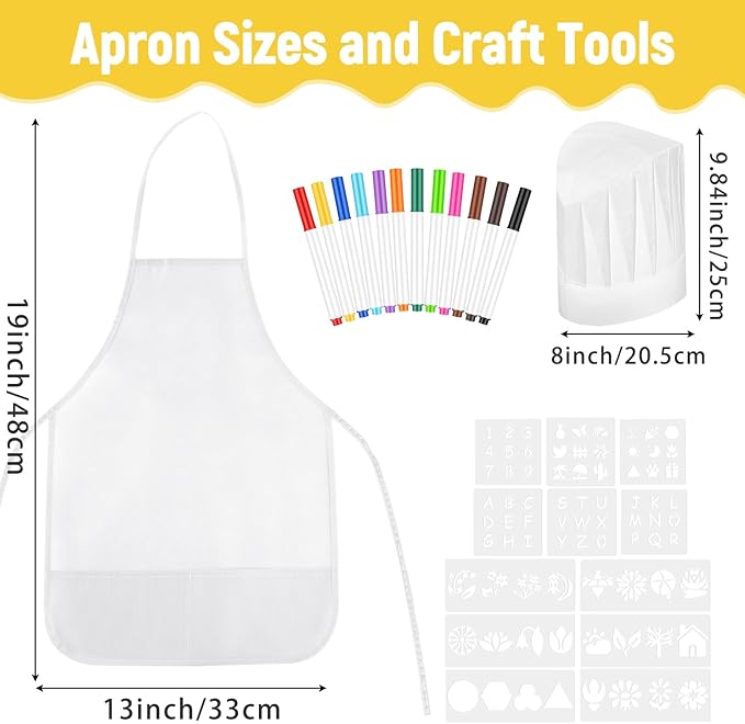 36PCS DIY Kids Chef Hat and Apron Set Kids Painting Aprons with Colored Pen and Crafts Template for Baking Painting Craft