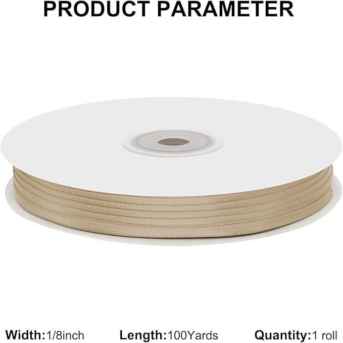 1/8" X 100 Yards Tan Satin Thin Ribbon Solid Color Double Faced Ribbons Perfect for Crafts Wedding Decor Bow Making Arts Sewing and More