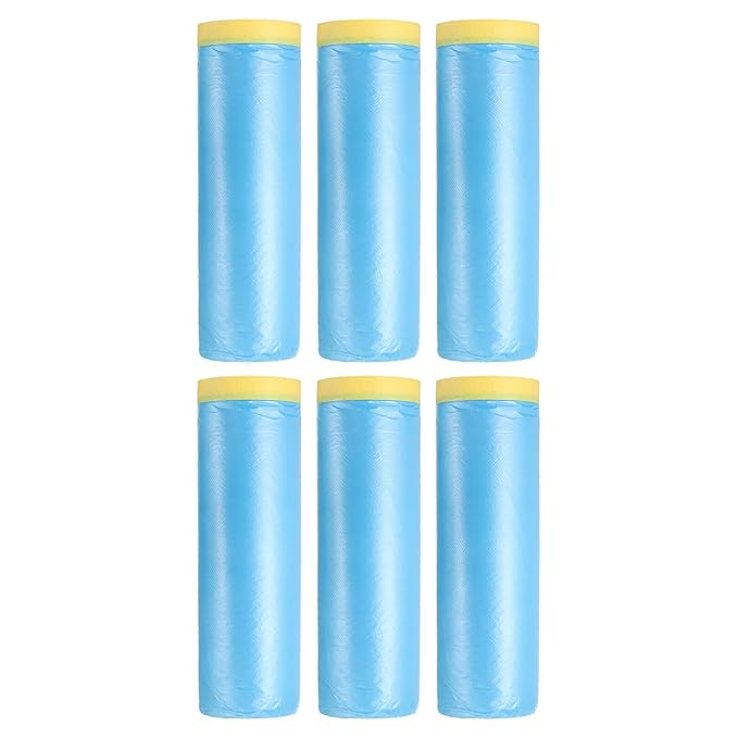 uxcell Pre-Taped Masking Film, 4.9ft x 66ft Plastic Paint Drop Cloth with Medium-Tack Painters Tape for Painting Spraying Protection Blue Film 6Pcs