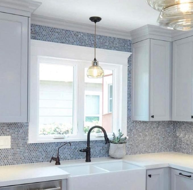 Denim Blue Penny Round Mosaic Glass Tile – Sample Swatch- 4"x5" - Luxurious Design for Bathroom Walls, Kitchen Backsplash, Shower Walls - Elegant Wall Decor - NOT Peel and Stick Tile
